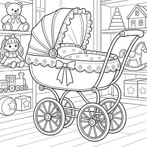 Festlicher Puppenwagen mit Herzmuster Malbild für mutige Weltenbummler