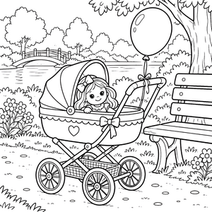 Fröhlicher Puppenwagen mit Luftballon Ausmalbild für kreative Spielzeugträumer