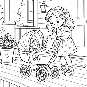 Niedlicher Puppenwagen auf der Veranda Malbild für junge Spielzeugträumer