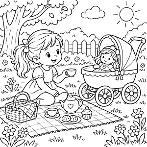 Idyllischer Puppenwagen beim Picknick Malvorlage für kleine Spürnasen