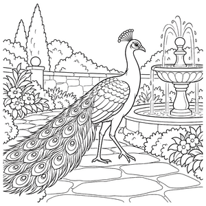 Stolzer Pfau am Brunnen Ausmalbild für Abenteurer