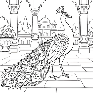 Majestätischer Pfau vor Palast Ausmalbild für mutige Spürnasen