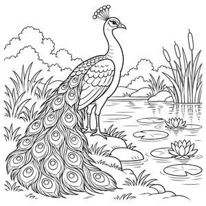 Stolzer Pfau am Teich mit Seerosen Ausmalvorlage für kleine Wasserratten