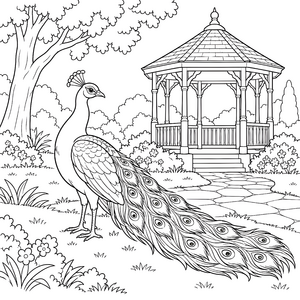 Stolzer Pfau vor dem Pavillon Ausmalbild für Entdecker