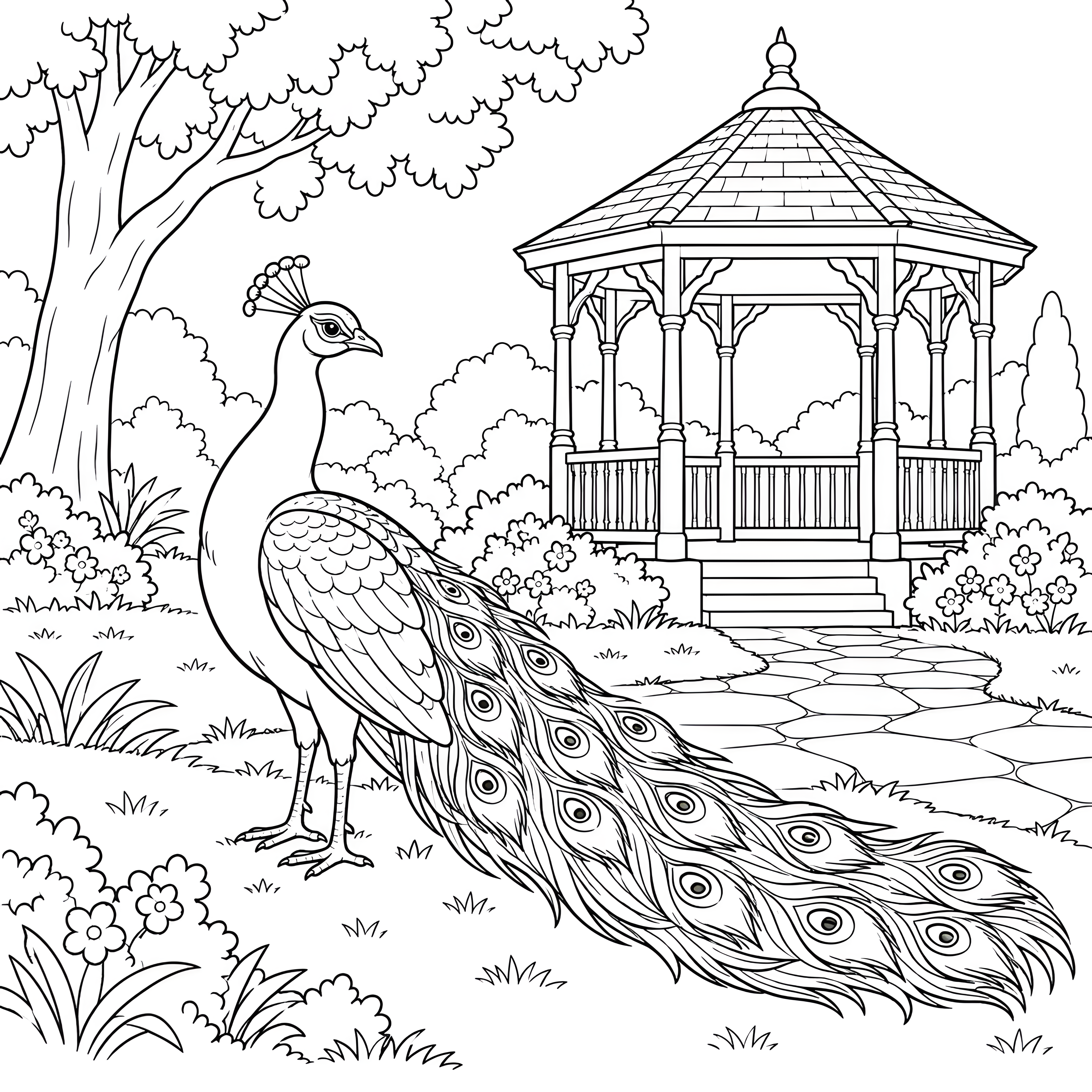 Stolzer Pfau vor dem Pavillon Ausmalbild für Entdecker