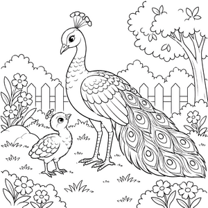 Stolzer Pfau mit Küken im Garten Ausmalbild für Naturfreunde
