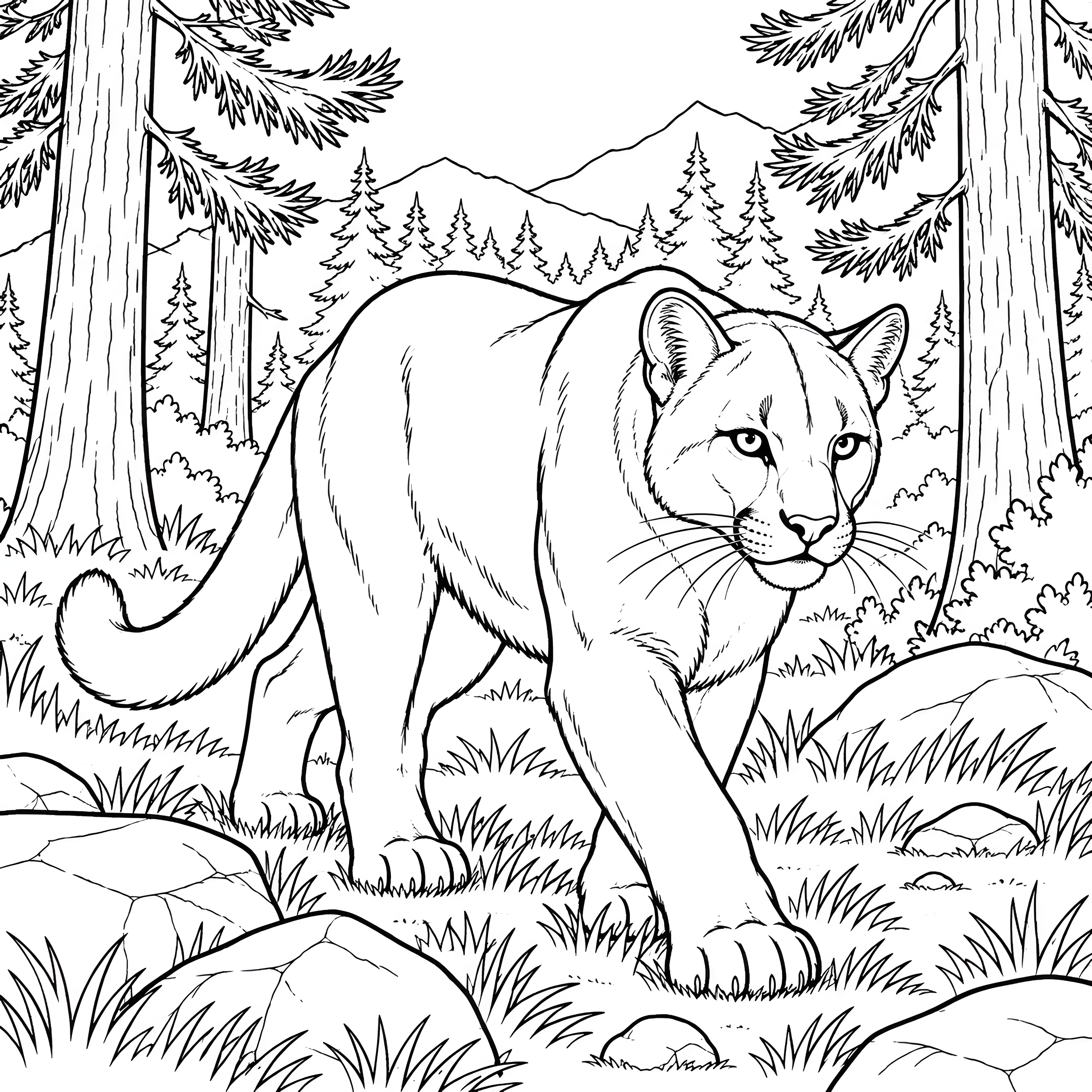 Wachsamer Puma im Nadelwald Malvorlage für kleine Abenteurer