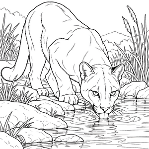 Durstiger Puma am Bach Ausmalbild für kleine Wasserratten