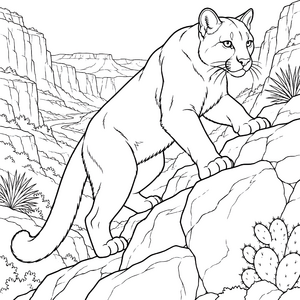 Mutiger Puma bei Kakteen Malvorlage für Wildtierfreunde