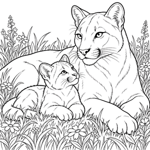 Beschützender Puma mit Kätzchen Ausmalvorlage für neugierige Tierfreunde