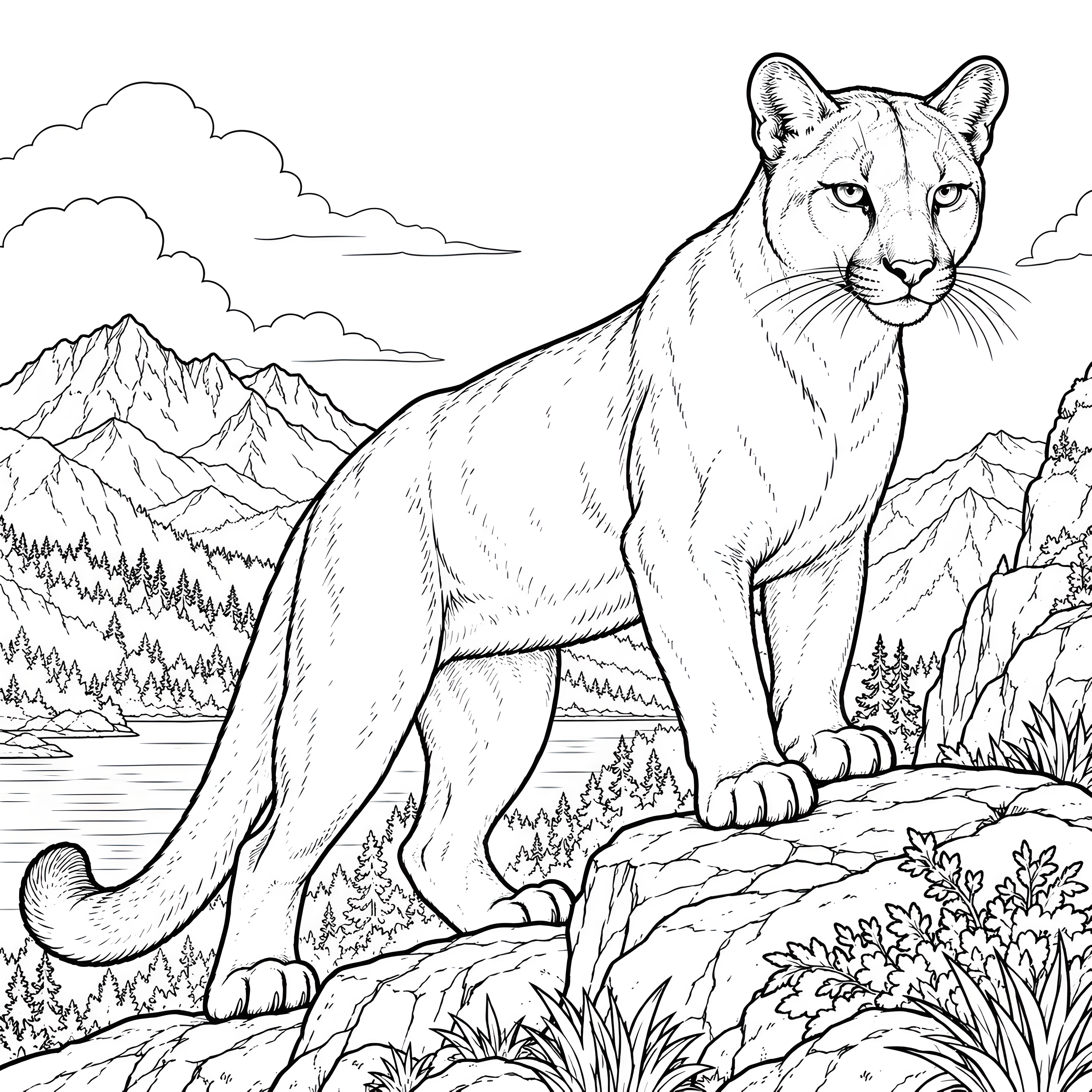 Stolzer Puma vor Bergsee Ausmalvorlage für verträumte Landratten