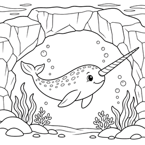 Freundlicher Narwal in der Höhle Malbild für malfreudige Abenteurer