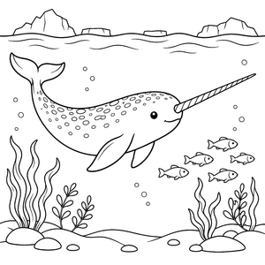 Verspielter Narwal mit kleinen Fischen Malvorlage für junge Tierfreunde