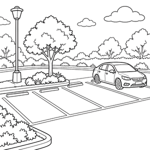 Ruhiger Parkplatz mit Baum und PKW Ausmalbild für kleine Abenteurer