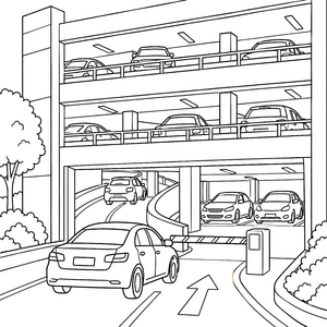 Belebter Parkplatz mit Parkhausrampe Malvorlage für kleine Autofans