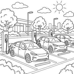Moderner Ladeparkplatz mit Elektroautos Ausmalbild für neugierige Technikfans