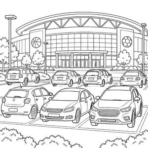 Großzügiger Parkplatz vor Sportstadion Ausmalvorlage für fröhliche Sportfans