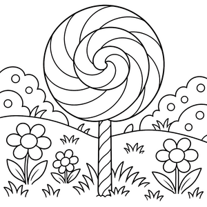 Riesiger Lollis im Blumenbeet Malbild für kleine Naschfreunde