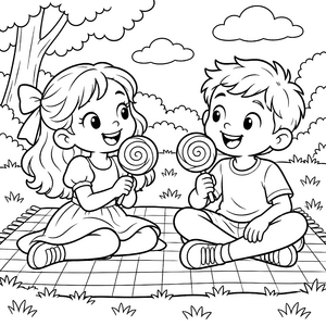 Fröhliche Kinder mit Lollis auf Picknickdecke Malbild für mutige Spürnasen