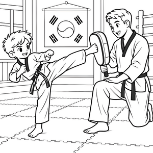 Beherzter Taekwondo-Schüler am Schlagschild Ausmalvorlage für kreative Sportkanonen