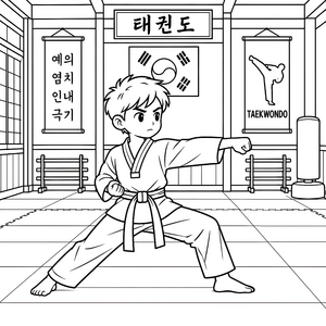 Entschlossener Taekwondo-Junge im Dojang Malbild für fröhliche Sportkanonen