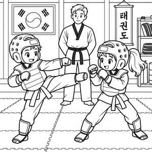 Konzentrierte Taekwondo-Schüler mit Lehrer Ausmalvorlage für kleine Sportkanonen