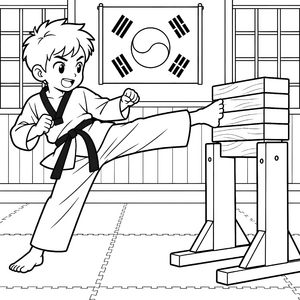 Mutiger Taekwondo-Junge am Schlagpfosten Ausmalbild für kreative Spürnasen
