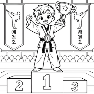 Siegreicher Taekwondo-Junge mit Pokal Malvorlage für kleine Weltmeister