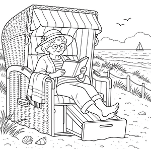 Entspannte Großmutter im Strandkorb Ausmalbild für kleine Bücherwürmer