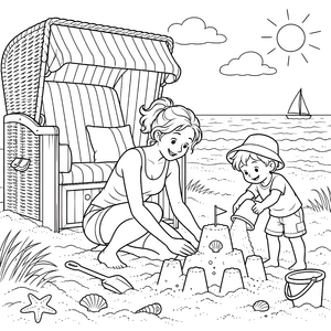 Sonniger Strandkorb mit Sandburg Ausmalvorlage für Wasserratten