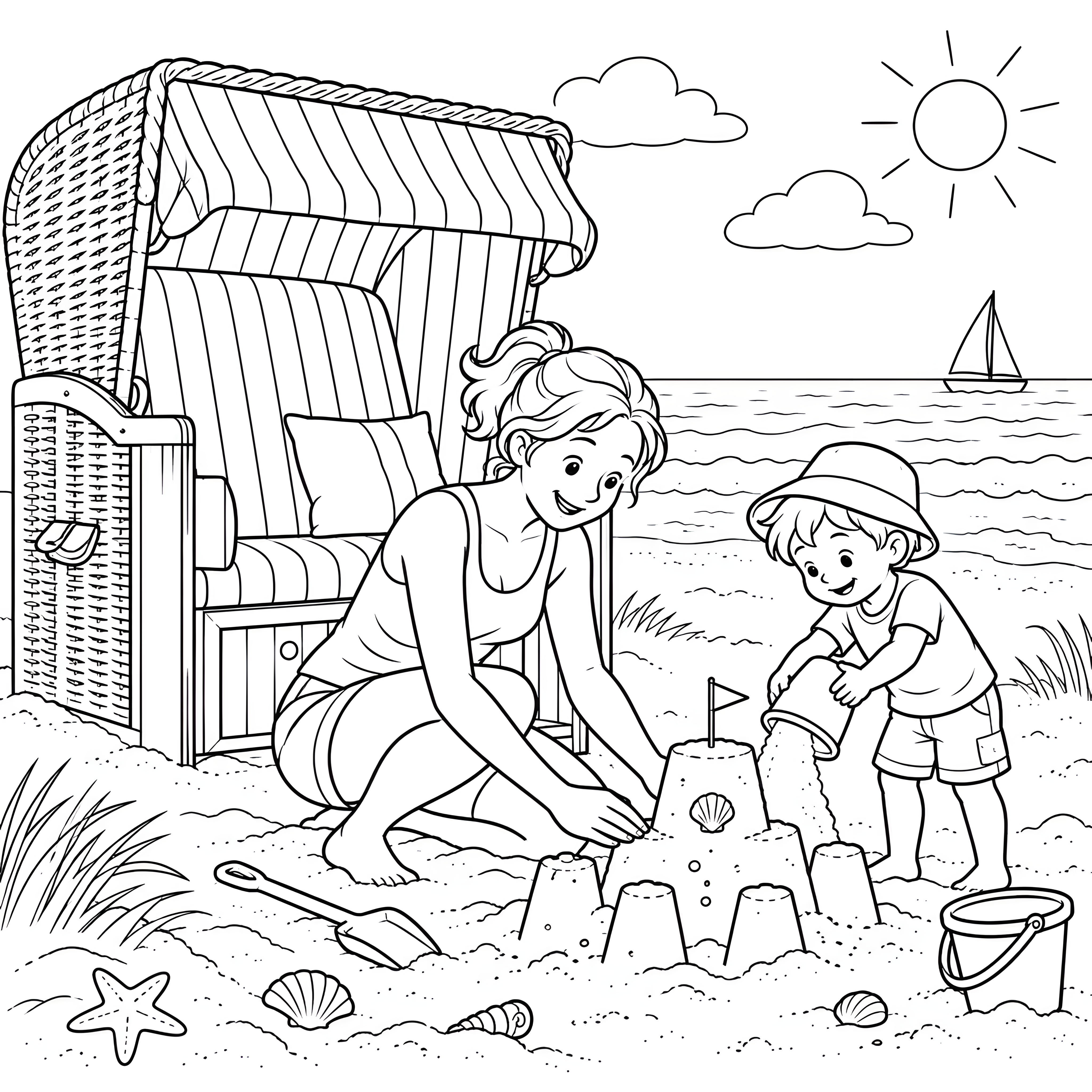 Sonniger Strandkorb mit Sandburg Ausmalvorlage für Wasserratten