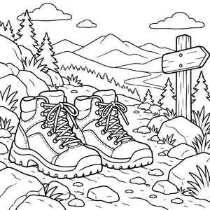 Stabile Wanderstiefel am Wegweiser Ausmalbild für fröhliche Weltenbummler