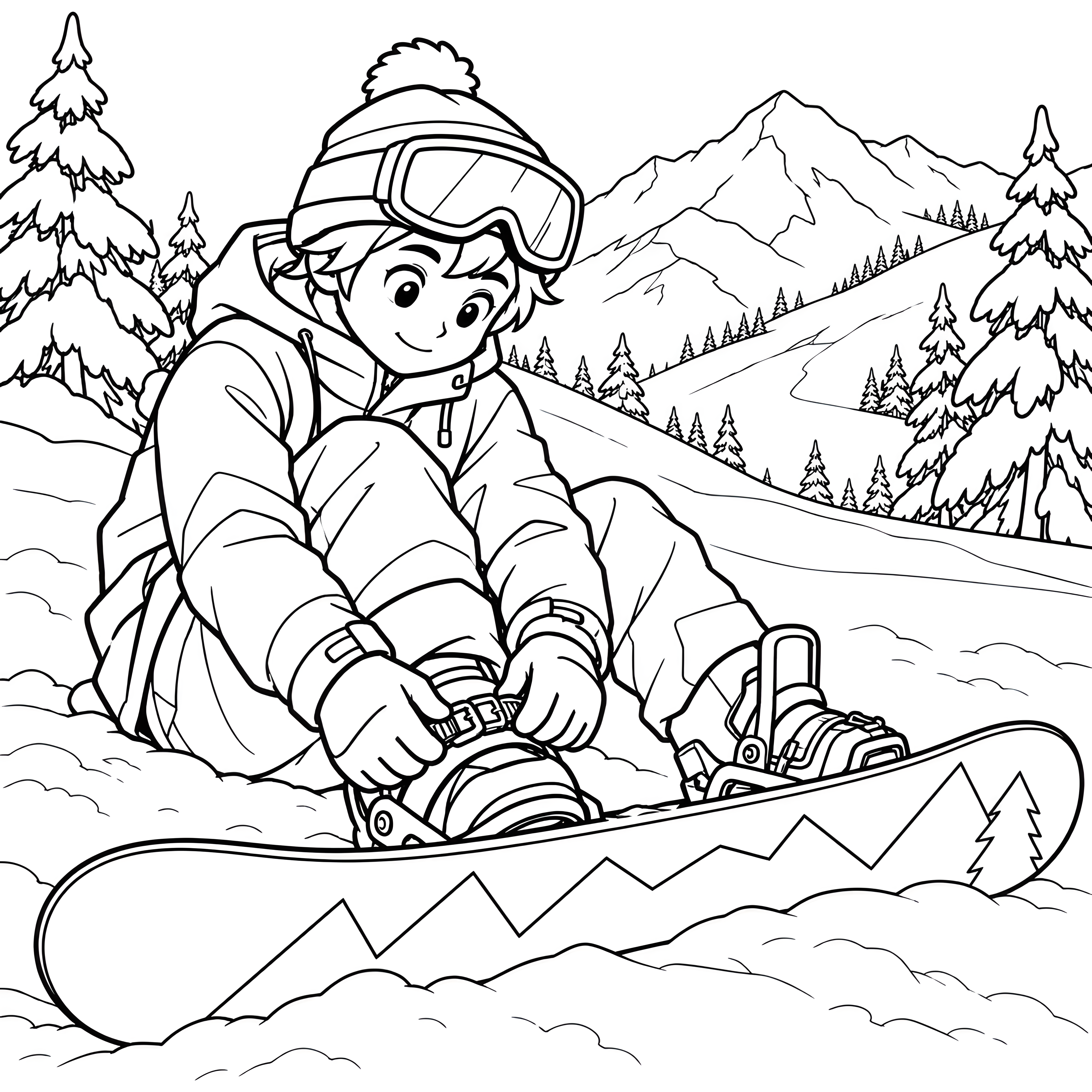 Konzentrierter Snowboarder bei der Vorbereitung Ausmalvorlage für fröhliche Schneebären