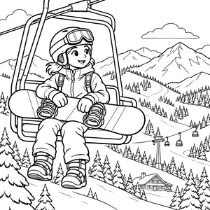 Fröhliche Snowboarderin auf der Sesselbahn Malbild für kleine Abenteurer