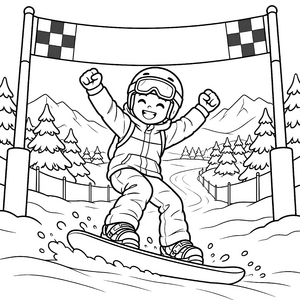 Fröhlicher Snowboarder unter Zielflagge Ausmalvorlage für verträumte Wintersportler