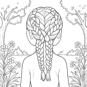 Verspielte Frau mit Flechtfrisuren im Blumenfeld Malvorlage für kreative Blumenkinder