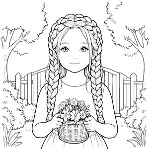 Fröhliche Mädchen mit Flechtfrisuren und Blumenkorb Ausmalbild für kleine Bastler