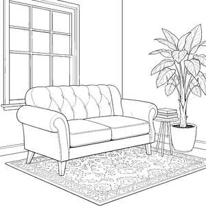 Gemütliches Retro-Sofa mit Pflanze Ausmalvorlage für Wohnprofis