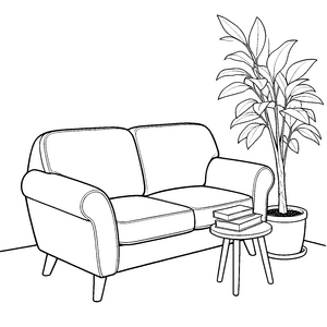 Gemütliches Retro-Sofa mit Beistelltisch und Pflanze Malvorlage für Wohnprofis