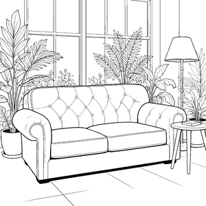 Gemütliches Retro-Sofa mit großen Pflanzen Ausmalbild für junge Wohnprofis
