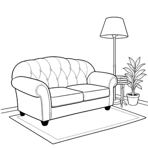 Gemütliches Retro-Sofa mit Stehlampe Ausmalvorlage für malfreudige Wohnästheten