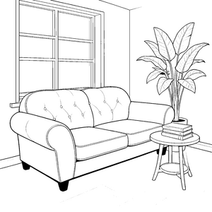 Gemütliches Retro-Sofa mit Pflanze und Büchern Malbild für Wohnliebhaber