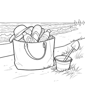 Ausgefüllte Strandtasche mit Sonnenhut Ausmalvorlage für junge Wasserratten