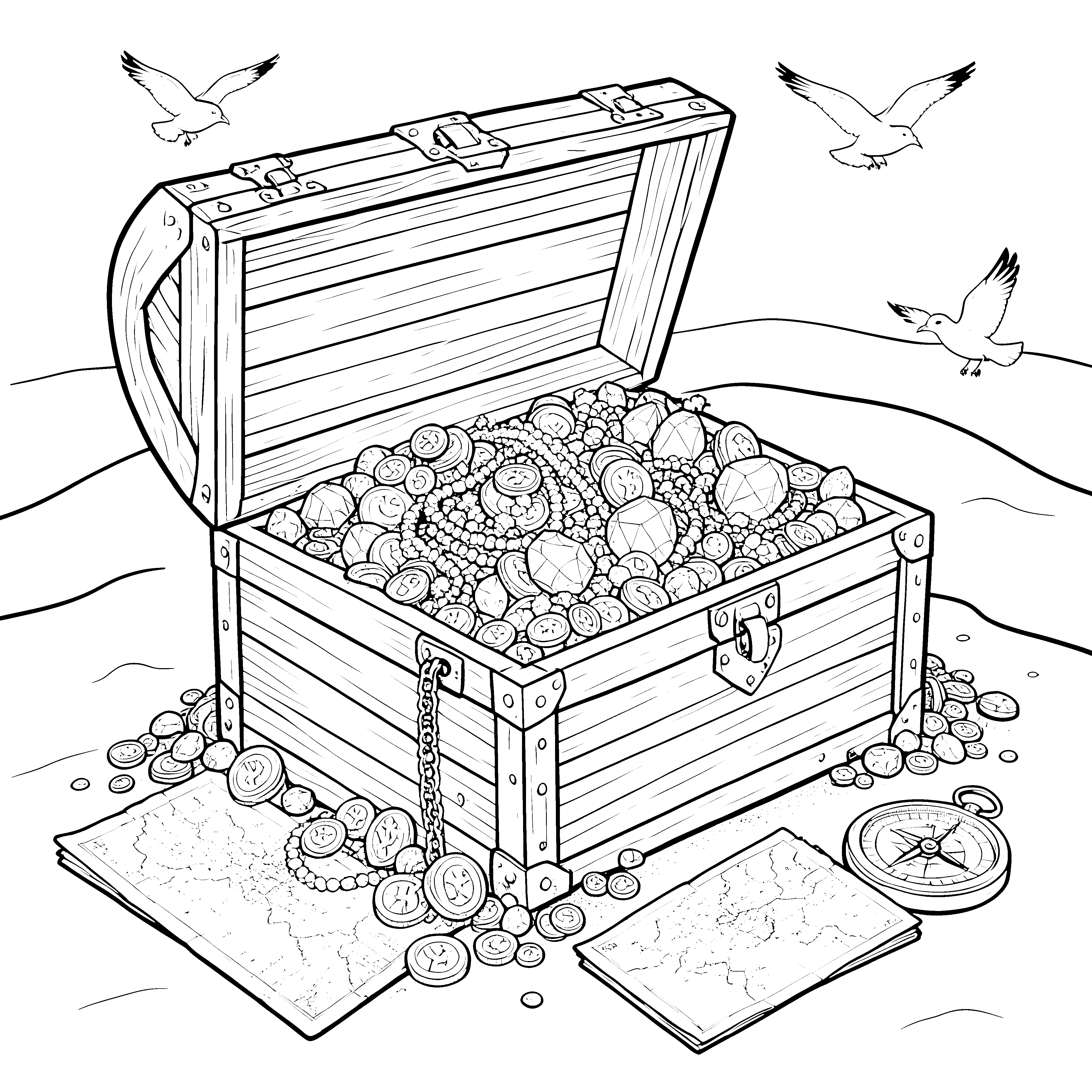 Mysteriöser Piratenschatz mit Kompass Malvorlage für kleine Abenteurer