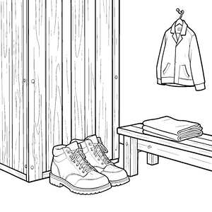 Robuste Herrenschuhe vor Holzschrank Malbild für neugierige Hobbygärtner