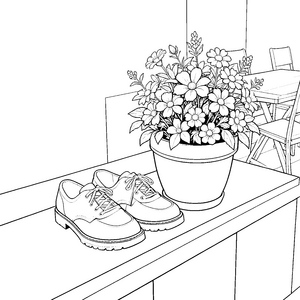 Stolze Herrenschuhe neben Blumen Malvorlage für mutige Abenteurer