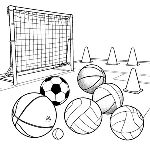 Verschiedene Sportbälle vor Tor Malvorlage für Sportfans