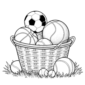 Bunter Korb voller Sportbälle Ausmalbild für mutige Weltenbummler