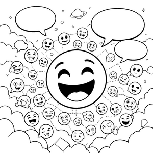 Übermütiges lachendes Emoji mit Sprechblase Malbild für kleine Spürnasen