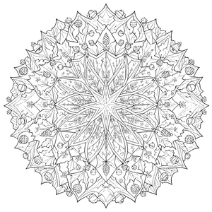 Festliches Eichenblatt-Mandala mit Tannenzapfen Ausmalvorlage für verträumte Naturfreunde